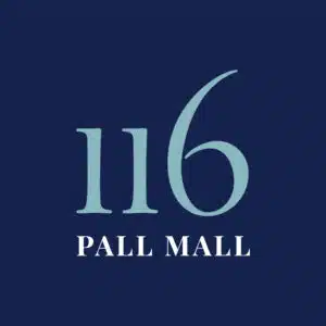 116 Pall Mall logo with the text: 116 PALL MALL with a navy blue background, 116 in light blue traditional font and PALL MALL in white capital letters also in traditional font
