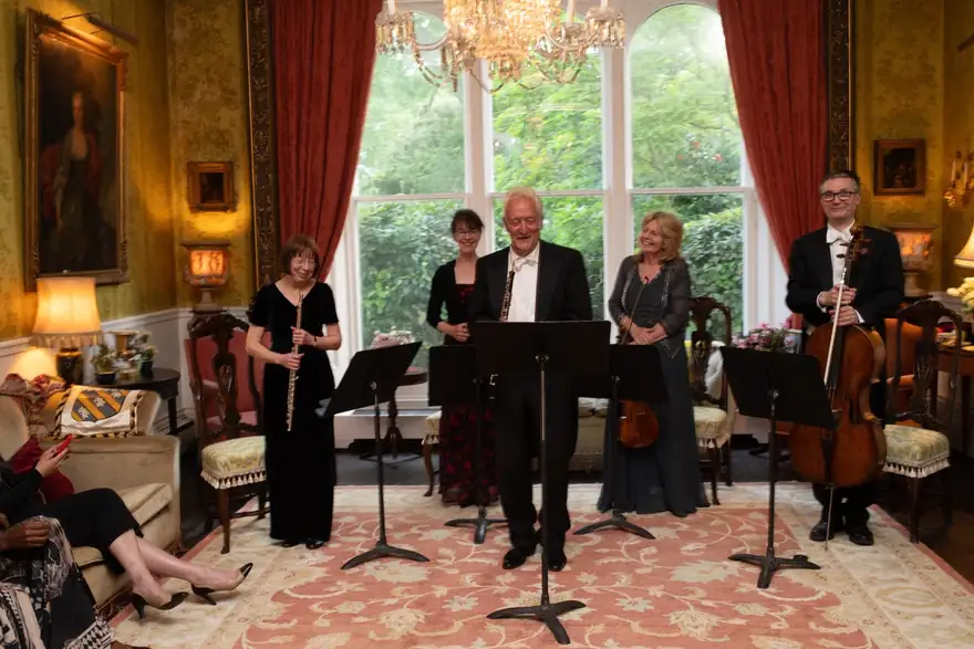 Five musicians of the London Chamber Orchestra in the drawing room at The Boltons, May 2025